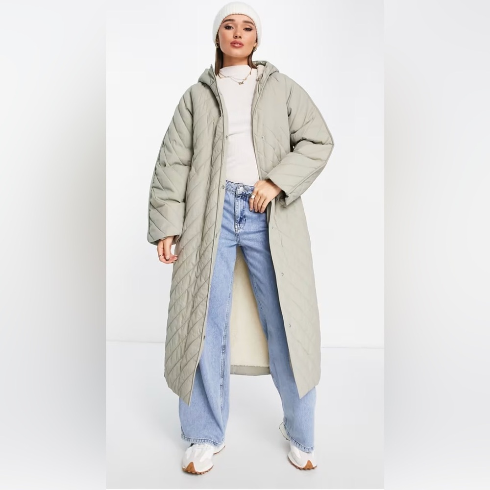 ASOS DESIGN Chevron Quilted Hooded Longline Coat with Fleece Lining